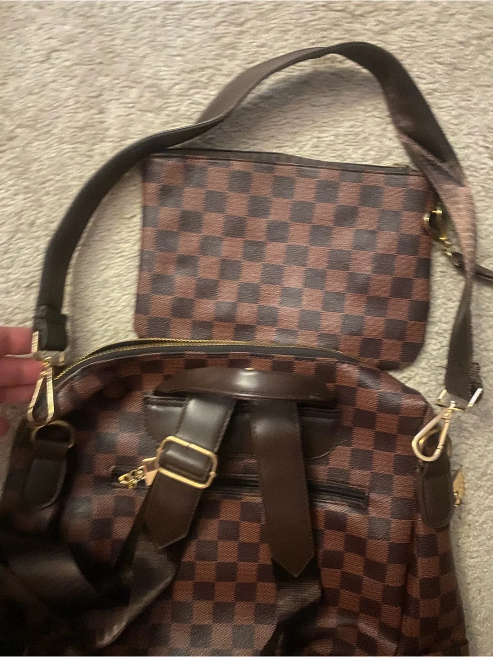 Brown Checkered Backpack with Gold Hardware